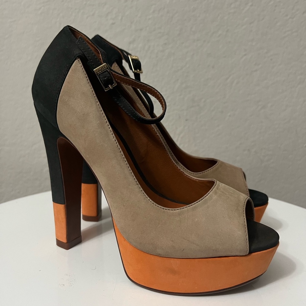 Schutz Heel Colorblock Leather Peep Toe Ankle Buckle Stiletto Women's 6B